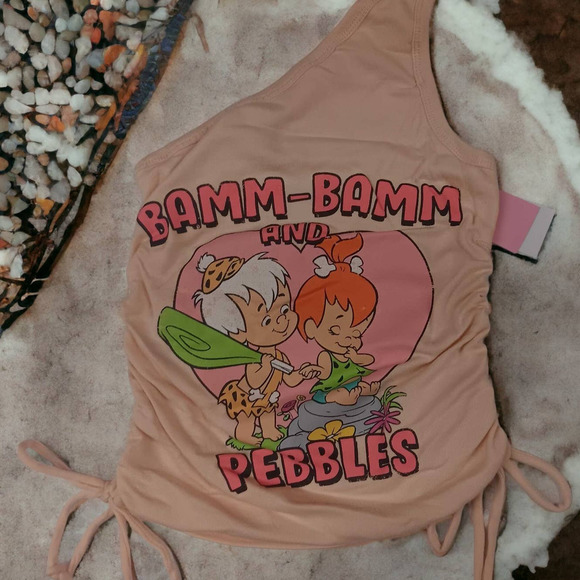 The Flintstones, Pink, Size MED, One-Shoulder BAMM BAMM & PEBBLES Tank Top Shirt - Picture 2 of 7